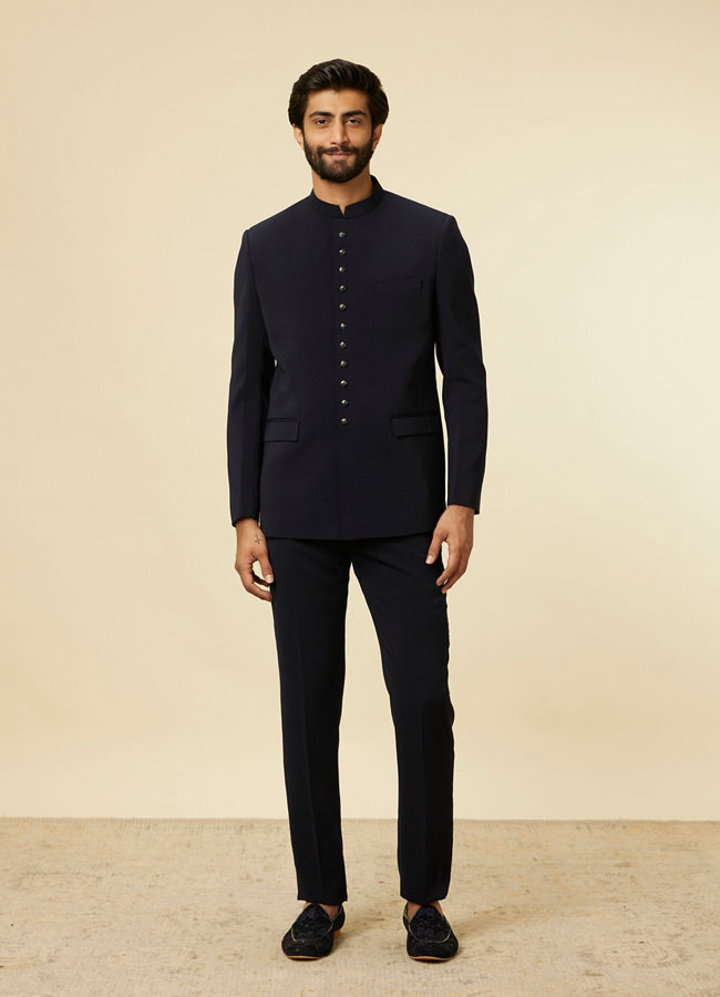 Buy Dark Blue Self Patterned Indo Western Set Online in Canada Manyavar Indo Western for Men